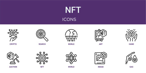 Fototapeta premium Set of 10 linear Nft icons for interface projects, presentations and web graphics. Outline symbol collection with search, art, auction, world and image.