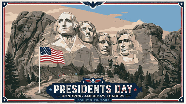 Mount rushmore presidents day commemorative illustration with american flag