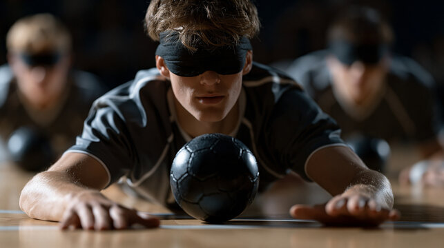 Goalball athlete diving full-length across the court to block an incoming ball using tactile instinct, the arena in near silence as all three defenders listen for the bell inside