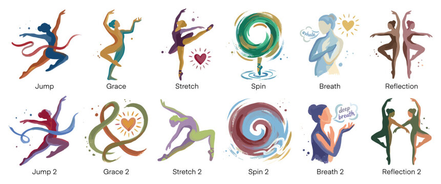 Ballet dancer icons set. Graceful movement and wellness concept. Includes jumping dancer, stretching pose, spinning ballerina, breathing woman, reflection, heart symbol. Watercolor style