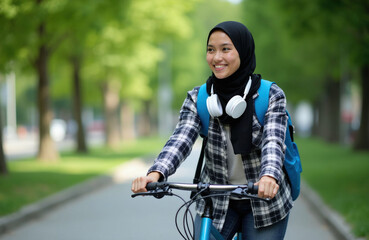 Naklejka premium Smiling young woman cycles along city park path. Wears hijab flannel shirt backpack plus headphones. Active lifestyle concept shows healthy recreation outdoors. Woman enjoys bike ride sunny day urban