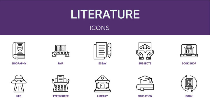 Set of 10 linear Literature icons for interface projects, presentations and web graphics. Outline symbol collection with fair, subjects, ufo, library and education.