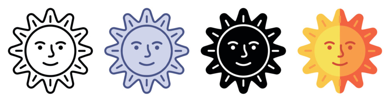 Sun icons set. Weather and climate concept. Includes sun with face, sun with rays, happy sun, smiling sun, summer sun. Flat and line style