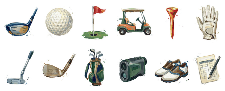 Golf equipment icons set. Sports and leisure activity concept. Includes golf club, ball, hole, cart, tee, glove, putter, bag, rangefinder, shoes, scorecard. Watercolor style