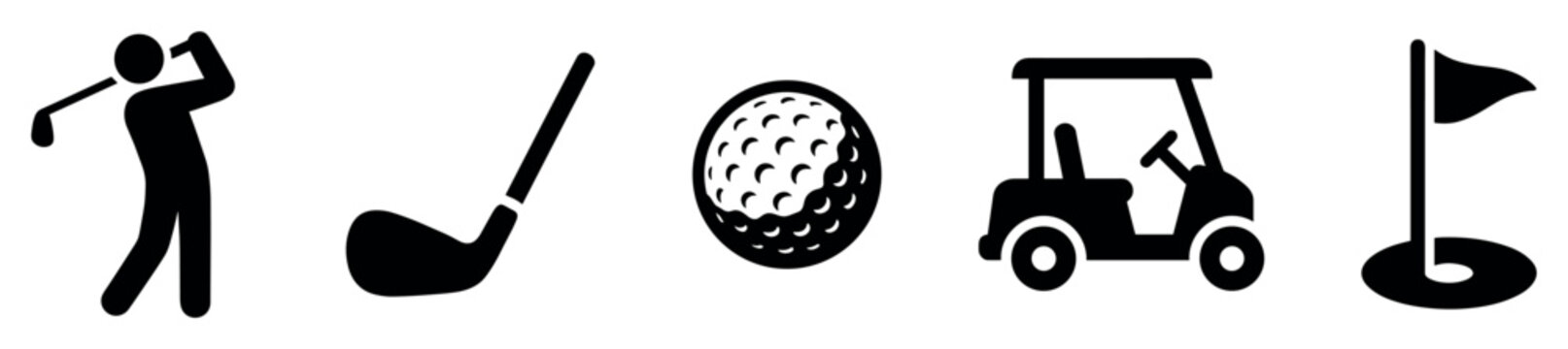 Golf icons set. Sport and recreation concept. Includes golfer, golf club, golf ball, golf cart, flag in hole. Solid black silhouette style