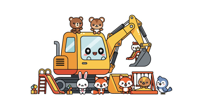 Cute cartoon excavator with happy animals playing on a playground, vector illustration for kids