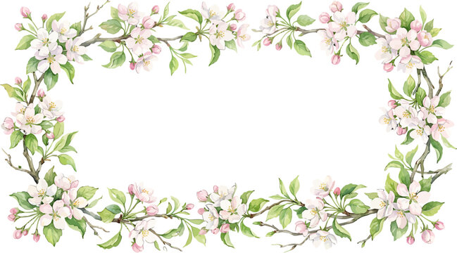 Rectangular frame made of blooming apple tree branches with pink and white flowers and green leaves vector