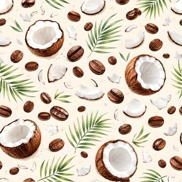 Seamless watercolor pattern with coffee beans and coconut