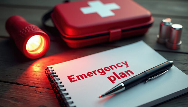 Red first aid kit, lit flashlight, notepad with emergency plan text lie on wooden table. Preparation for safety, survival during crisis, natural disasters, or accidents. Ready for unexpected events.