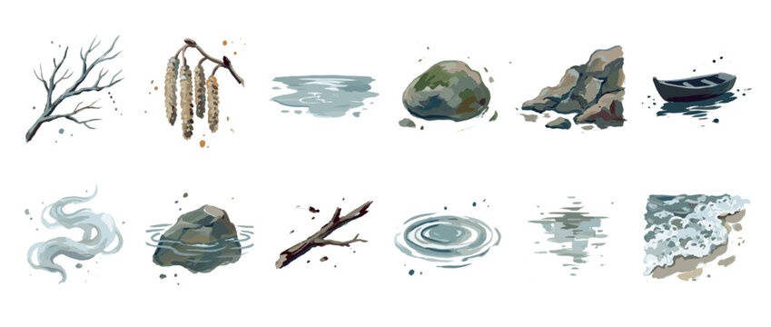 Nature elements icons set. Outdoor environment and natural objects concept. Includes bare branch, catkins, water puddle, rock, stone, boat, mist, ripple, wave. Watercolor style