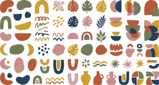 Abstract boho geometric shapes icon set with terracotta organic blobs botanical leaves and ceramic pottery design elements vector