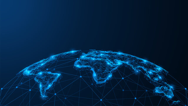 Earth's global digital network. World maps and continents are united by a digital network structure, symbolizing international communications, data transmission and the global digital infrastructure.