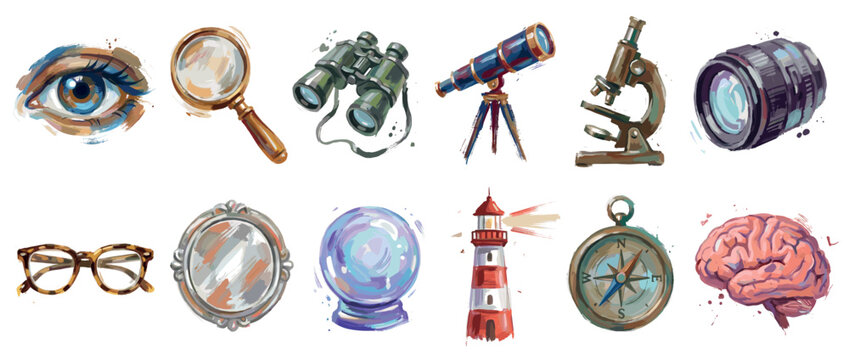 Discovery and exploration icons set. Knowledge and perception concept. Includes human eye, magnifying glass, binoculars, telescope, microscope, camera lens, eyeglasses, mirror, crystal ball,