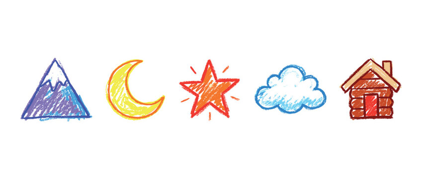 Nature and home icons set. Childlike outdoor elements concept. Includes mountain, crescent moon, shining star, cloud, wooden house. Hand-drawn doodle style