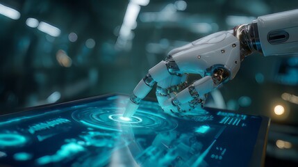 Fototapeta premium AI conceptual collaboration or interaction between humanity and advanced robotics