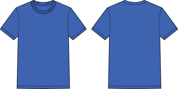 Blue t shirt fashion technical flat sketch vector template front back view for casual blank apparel mockup design