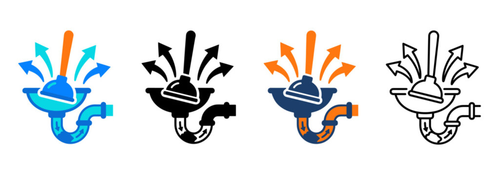 Drain Unblocking Icon with Drain Pipe, Water Flow and Plumbing Service Symbols in Flat, Silhouette, Outline and Glyph Design