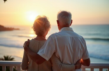 Obraz premium Elderly couple embraces on balcony watching sunset over ocean. Senior man and woman enjoy romantic view from home terrace. Peaceful retirement bonding and sea horizon.