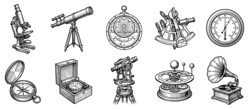 Vintage scientific instruments icons set. Exploration and discovery concept. Includes microscope, telescope, astrolabe, sextant, barometer, compass, chronometer, theodolite, orrery,