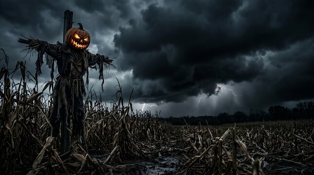 Terrifying Scarecrow with Stormy Sky: A sinister scarecrow with a glowing, carved jack-o'-lantern head standing in a desolate field beneath ominous, dark clouds.