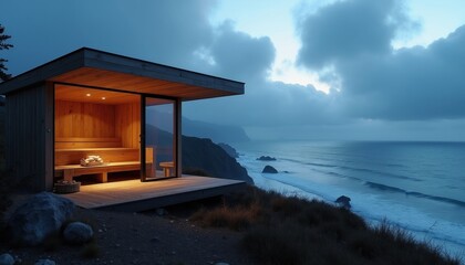 Obraz premium Modern wooden sauna with large glass wall facing ocean waves. Interior glows warm light. Cliffside structure offers serene relaxation and sea views. Perfect for spa or resort advertising.