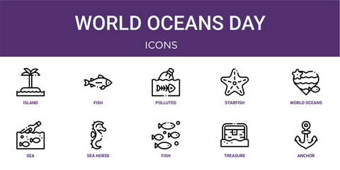 Set of 10 linear World Oceans Day icons for interface projects, presentations and web graphics. Outline symbol collection with fish, starfish, sea, fish and treasure. © Icon World