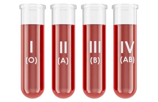 Test tubes with blood labeled as O, A, B and AB blood groups for blood typing and transfusion medicine, 3d rendering