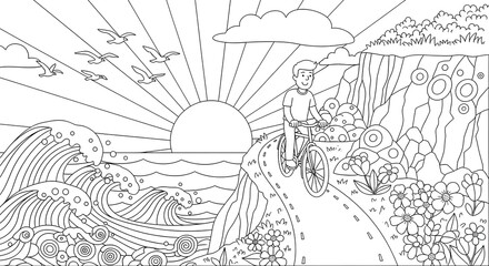 Obraz premium Line Art Illustration of a Young Boy Riding a Bicycle on a Scenic Coastal Path at Sunrise with Waves and Flowers