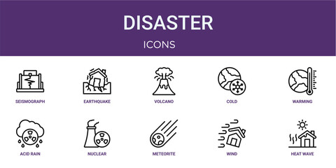 Set of 10 linear Disaster icons for interface projects, presentations and web graphics. Outline symbol collection with earthquake, cold, acid rain, meteorite and wind. © Icon World