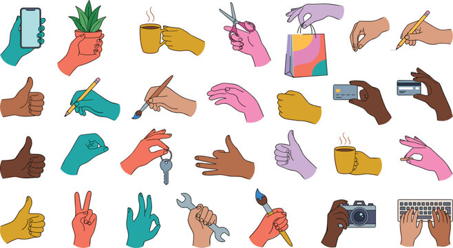 Diverse hand gestures and hands holding everyday objects icon set with phone credit card tools and coffee vector