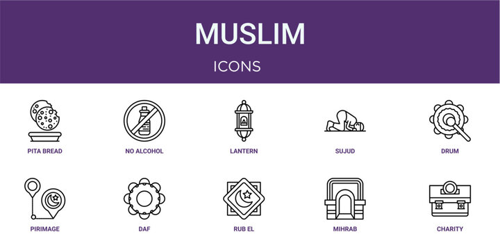 Set of 10 linear Muslim icons for interface projects, presentations and web graphics. Outline symbol collection with no alcohol, sujud, pirimage, rub el hizb and mihrab.