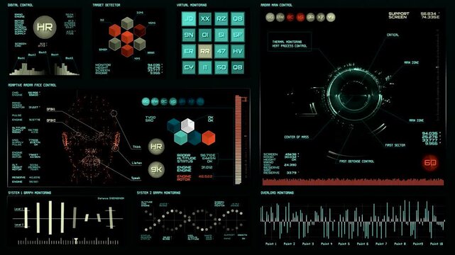 Futuristic interface dashboard displaying technical data analytics in motion video clip