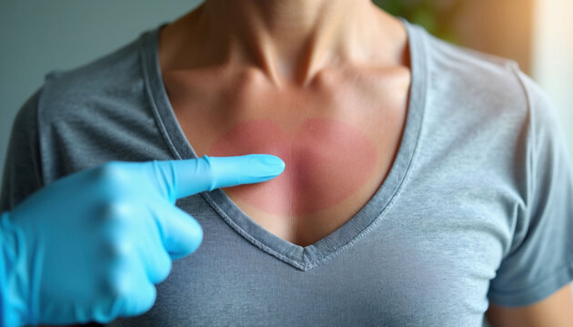 Doctor in blue glove points to red sunburned skin on person chest. Sunburn area shows redness, irritation. Medical expert inspects skin damage from sun exposure. Summer season skin care important for