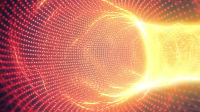 Bright golden wireframe column with red digital mesh, glowing particles