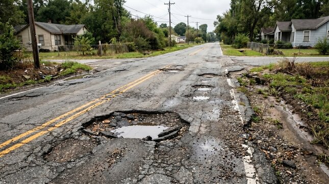Large potholes with water on damaged asphalt road in rural area infrastructure problem.