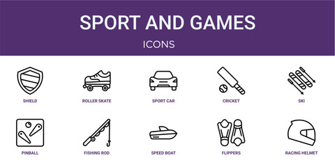 Set of 10 linear Sport and Games icons for interface projects, presentations and web graphics. Outline symbol collection with roller skate, cricket, pinball, speed boat and flippers. © Icon World