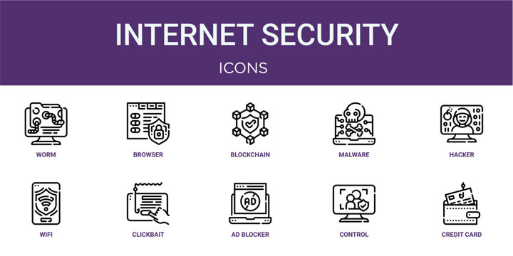 Set of 10 linear Internet Security icons for interface projects, presentations and web graphics. Outline symbol collection with browser, malware, wifi, ad blocker and control.