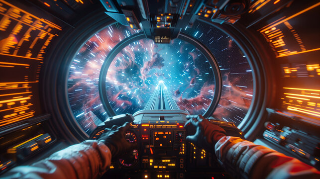 spaceship cockpit view, warp speed travel, tunnel of neon blue and pink light, intergalactic space voyage, science fiction adventure, FTL travel concept, portal to another dimensio