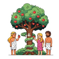 Biblical Illustration of Adam and Eve with the Tempting Serpent and Forbidden Fruit in the Garden of Eden © Dina