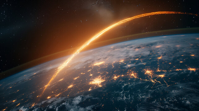 Rocket launch trajectory from Earth, orbital space mission, glowing atmospheric ascent, ballistic missile path, spacecraft breaking through atmosphere, cosmic launch streak, high-speed projectile in s