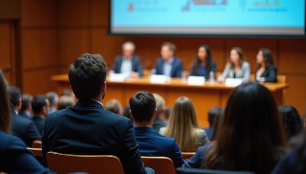 Speakers sit on stage at university panel discussion. Audience listens attentively to debate about AI bias and ethics. Presentation screen shows data visuals.