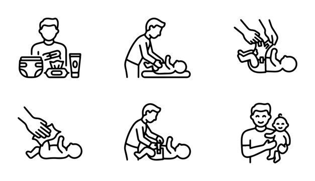 Baby Diaper Change Icons Set, Father Care Illustrations, Newborn Hygiene Steps, Parent Routine Vector Graphics