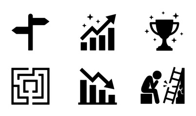 Business Success Icons: Direction Sign, Growth Chart, Trophy, Maze, Decline Chart, Failure Ladder, Vector Set © fr