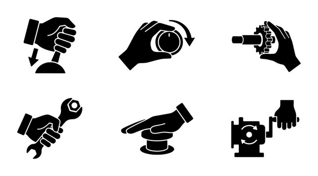 Hand Icons Set: Gear Shift, Knob Turn, Crank Handle, Wrench, Push Button, Mechanical Control Actions