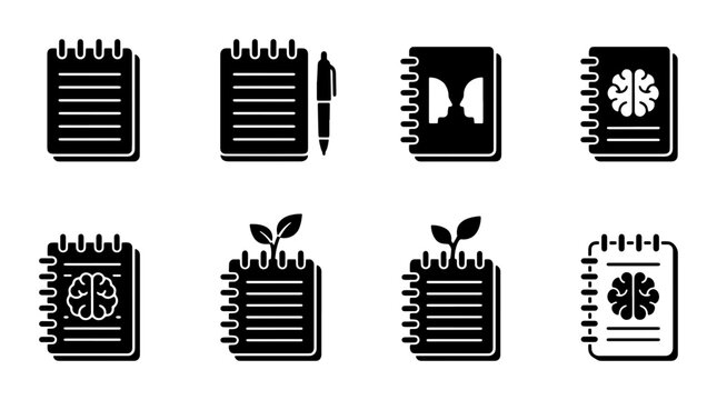 Set of 8 Notebook Icons: Brain, Plant, Pen, and Lines, Vector Graphics for Ideas and Planning