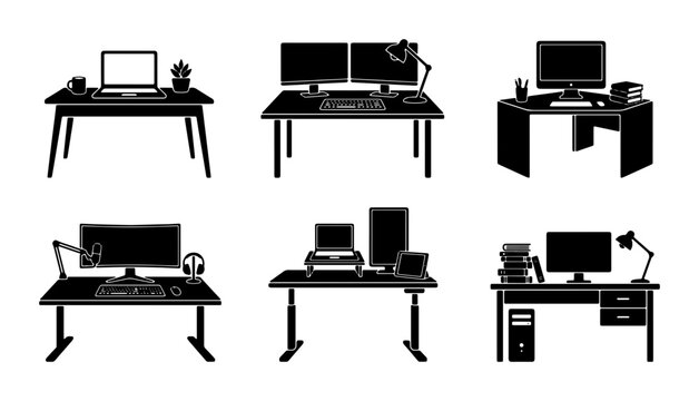 Modern Office Desks, Computer Workstations, Home Office Setups, Minimalist Black and White Vector Icons