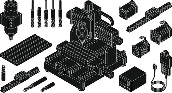 Isometric CNC milling machine components and industrial manufacturing equipment set