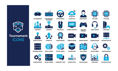 Esports tournament gaming icon set, blue vector symbols for virtual reality, streaming, hardware, competitive play, digital assets, and online community. © clickwavebd