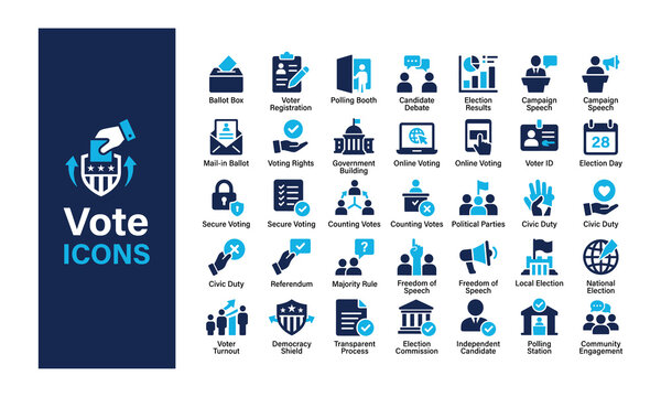 Vote, election, and political campaign vector icon set, featuring ballot box, voter registration, polling station, democracy, and secure voting concepts.