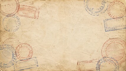 Vintage textured background featuring aged paper with red and blue circular patterns resembling passport stamps, ideal for travel theme designs, invitations, or scrapbooking projects
